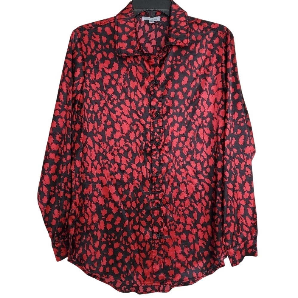Satin Button Up Red And Black Abstract Pattern Long Sleeve Animal Print SZ:S